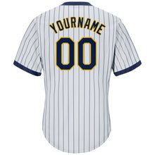 Load image into Gallery viewer, Custom White Navy Pinstripe Navy-Gold Authentic Throwback Rib-Knit Baseball Jersey Shirt
