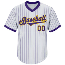 Load image into Gallery viewer, Custom White Purple Pinstripe Purple-Gold Authentic Throwback Rib-Knit Baseball Jersey Shirt