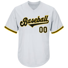 Load image into Gallery viewer, Custom White Black-Gold Authentic Throwback Rib-Knit Baseball Jersey Shirt