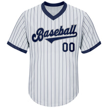 Load image into Gallery viewer, Custom White Navy Pinstripe Navy-Gray Authentic Throwback Rib-Knit Baseball Jersey Shirt