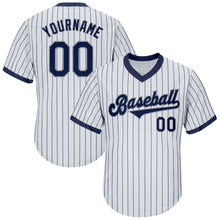 Load image into Gallery viewer, Custom White Navy Pinstripe Navy-Gray Authentic Throwback Rib-Knit Baseball Jersey Shirt
