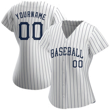 Load image into Gallery viewer, Custom White Navy Pinstripe Navy Authentic Baseball Jersey