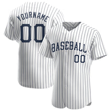 Load image into Gallery viewer, Custom White Navy Pinstripe Navy Authentic Baseball Jersey