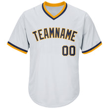 Load image into Gallery viewer, Custom White Navy-Gold Authentic Throwback Rib-Knit Baseball Jersey Shirt