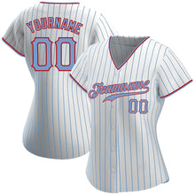 Load image into Gallery viewer, Custom White Light Blue Pinstripe Light Blue-Red Authentic Baseball Jersey
