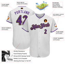 Load image into Gallery viewer, Custom White Purple-Old Gold Authentic Baseball Jersey