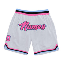 Load image into Gallery viewer, Custom White Pink-Light Blue Authentic Throwback Basketball Shorts