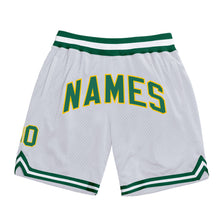 Load image into Gallery viewer, Custom White Kelly Green-Gold Authentic Throwback Basketball Shorts