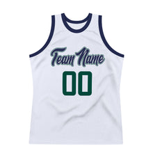 Load image into Gallery viewer, Custom White Hunter Green-Navy Authentic Throwback Basketball Jersey