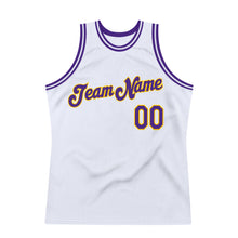 Load image into Gallery viewer, Custom White Purple-Gold Authentic Throwback Basketball Jersey