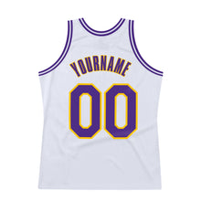 Load image into Gallery viewer, Custom White Purple-Gold Authentic Throwback Basketball Jersey