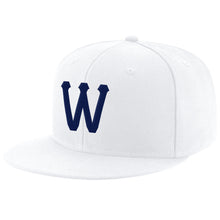 Load image into Gallery viewer, Custom White Navy Stitched Adjustable Snapback Hat