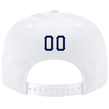 Load image into Gallery viewer, Custom White Navy Stitched Adjustable Snapback Hat