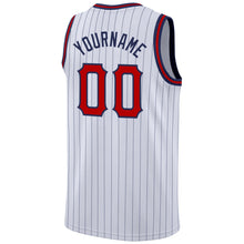 Load image into Gallery viewer, Custom White Navy Pinstripe Red-Navy Authentic Basketball Jersey
