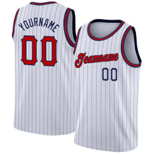Load image into Gallery viewer, Custom White Navy Pinstripe Red-Navy Authentic Basketball Jersey