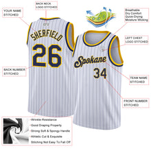 Load image into Gallery viewer, Custom White Navy Pinstripe Navy-Gold Authentic Basketball Jersey