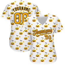 Load image into Gallery viewer, Custom White Gold-Black 3D Pattern Design Halloween Pattern With Pumpkins Authentic Baseball Jersey