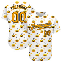 Load image into Gallery viewer, Custom White Gold-Black 3D Pattern Design Halloween Pattern With Pumpkins Authentic Baseball Jersey