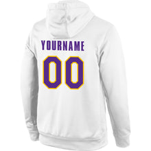Load image into Gallery viewer, Custom Stitched White Purple-Gold Sports Pullover Sweatshirt Hoodie