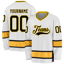 Load image into Gallery viewer, Custom White Black-Gold Hockey Jersey
