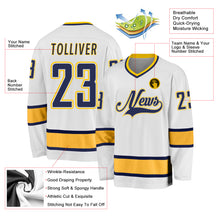 Load image into Gallery viewer, Custom White Navy-Gold Hockey Jersey