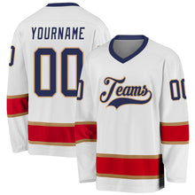 Load image into Gallery viewer, Custom White Navy-Red Hockey Jersey