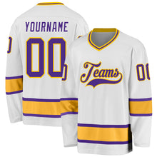 Load image into Gallery viewer, Custom White Purple-Gold Hockey Jersey