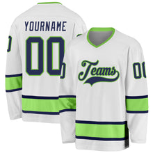 Load image into Gallery viewer, Custom White Navy-Neon Green Hockey Jersey