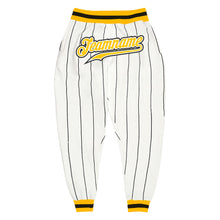 Load image into Gallery viewer, Custom White Black Pinstripe Gold-Black Sports Pants