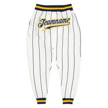 Load image into Gallery viewer, Custom White Navy Pinstripe Navy-Gold Sports Pants