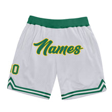 Load image into Gallery viewer, Custom White Kelly Green-Gold Authentic Throwback Basketball Shorts