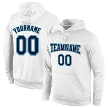 Load image into Gallery viewer, Custom Stitched White Navy-Aqua Sports Pullover Sweatshirt Hoodie
