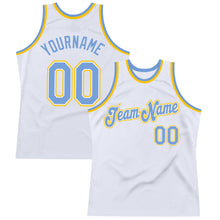 Load image into Gallery viewer, Custom White Light Blue-Gold Authentic Throwback Basketball Jersey