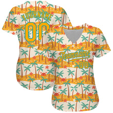 Load image into Gallery viewer, Custom White Gold-Teal 3D Pattern Design Hawaii Palm Trees Authentic Baseball Jersey
