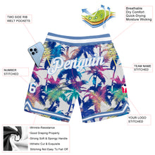 Load image into Gallery viewer, Custom White White-Light Blue 3D Pattern Design Palm Trees Authentic Basketball Shorts