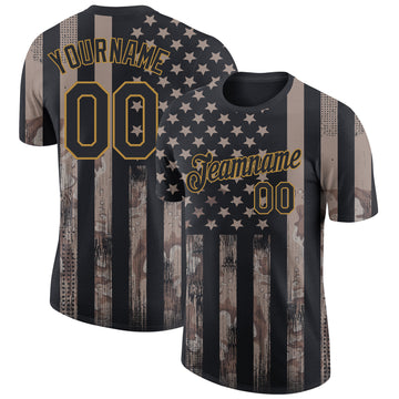 Custom Camo Black-Old Gold 3D American Flag Fashion Performance Salute To Service T-Shirt