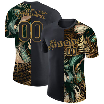 Custom Black Old Gold 3D Pattern Design Golden And Green Tropical Leaves In The Style Of Jungalow And Hawaii Performance T-Shirt