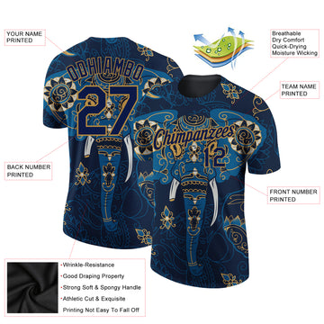 Custom Navy Old Gold 3D Pattern Design Elephant Performance T-Shirt