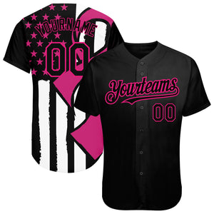 Custom Black Hot Pink-White 3D Pink Ribbon Breast Cancer Awareness Month Women Health Care Support Authentic Baseball Jersey