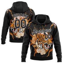 Load image into Gallery viewer, Custom Stitched Black Orange-White 3D Pattern Design Flame Tiger Sports Pullover Sweatshirt Hoodie
