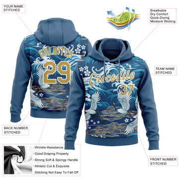 Custom Stitched Royal Old Gold-White 3D Pattern Design Heron And Cloud Sports Pullover Sweatshirt Hoodie