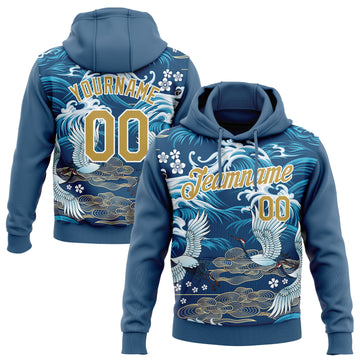 Custom Stitched Royal Old Gold-White 3D Pattern Design Heron And Cloud Sports Pullover Sweatshirt Hoodie