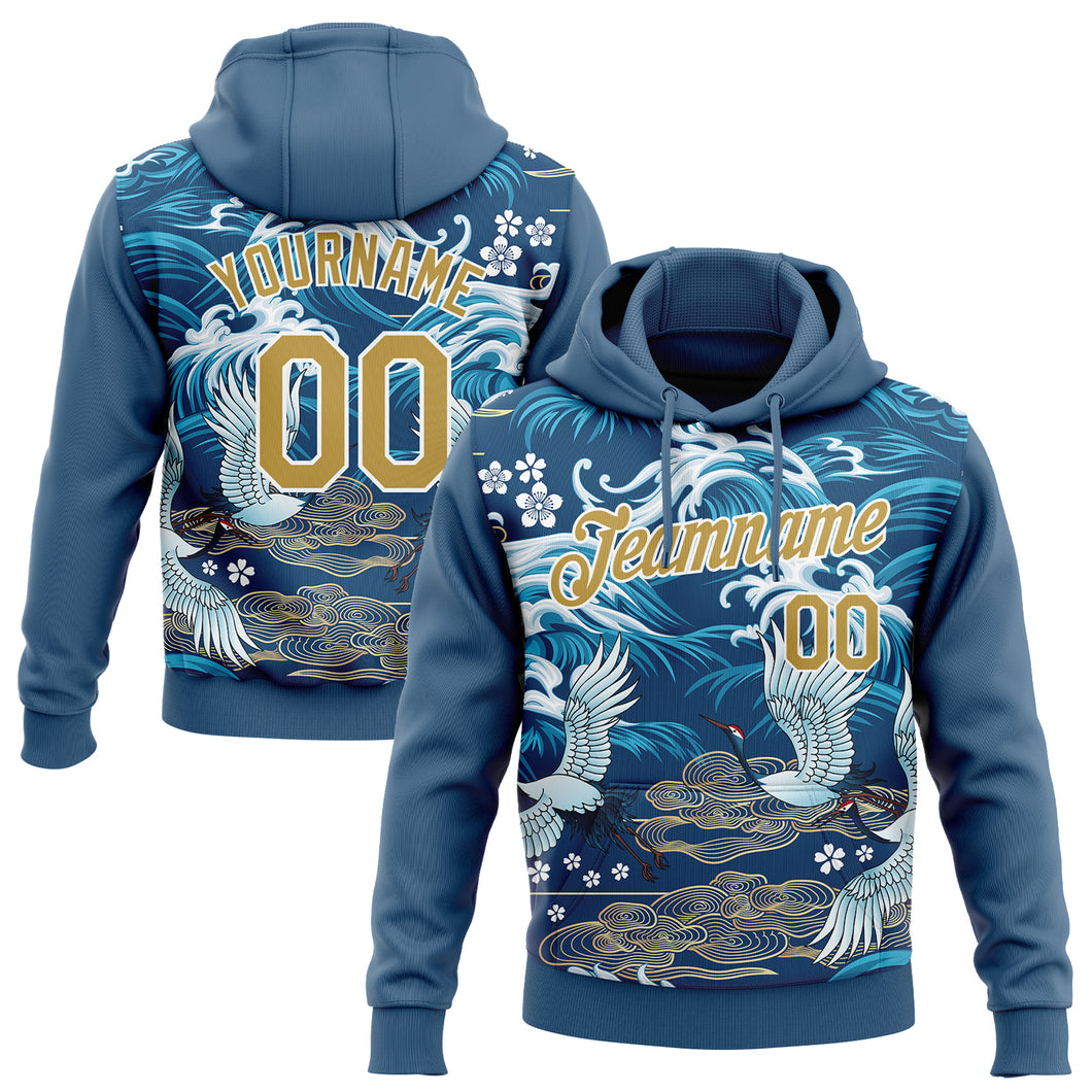 Custom Stitched Royal Old Gold-White 3D Pattern Design Heron And Cloud Sports Pullover Sweatshirt Hoodie