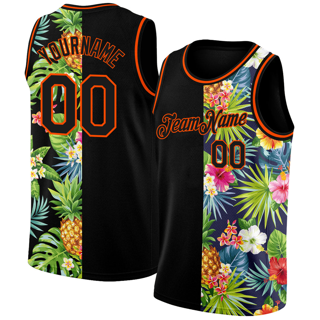 Custom Black Orange 3D Pattern Tropical Pineapples Hawaii Palm Leaves And Flowers Authentic Basketball Jersey