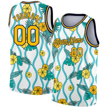 Load image into Gallery viewer, Custom White Gold-Navy 3D Pattern Tropical Hawaii Plant And Flower Authentic Basketball Jersey

