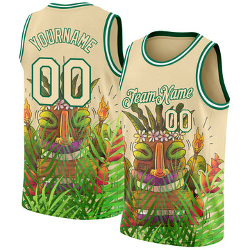 Custom Cream Kelly Green 3D Pattern Cartoon Tropical Hawaii Rainforest Authentic Basketball Jersey