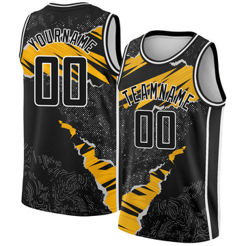 Custom Black Gold-White 3D Pattern Design Torn Paper Style Authentic Basketball Jersey