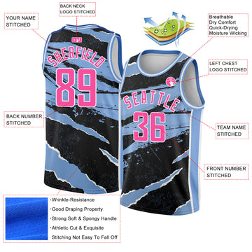 Custom Black Pink-Light Blue 3D Pattern Design Torn Paper Style Authentic Basketball Jersey