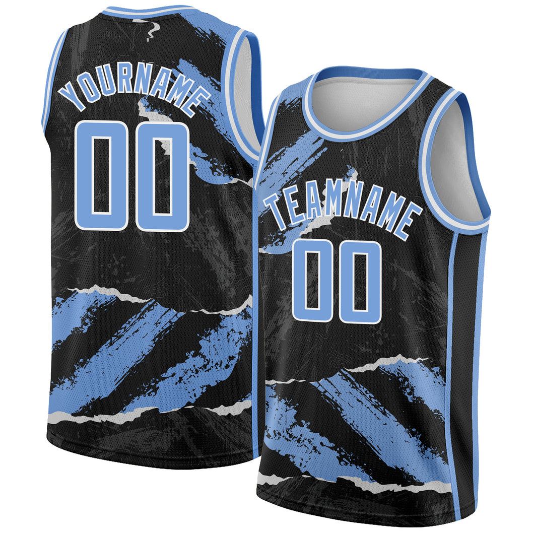 Custom Black Light Blue-White 3D Pattern Design Torn Paper Style Authentic Basketball Jersey