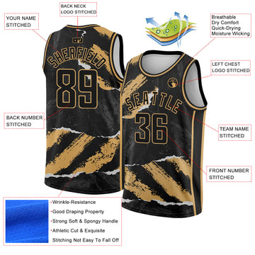 Custom Black Old Gold 3D Pattern Design Torn Paper Style Authentic Basketball Jersey